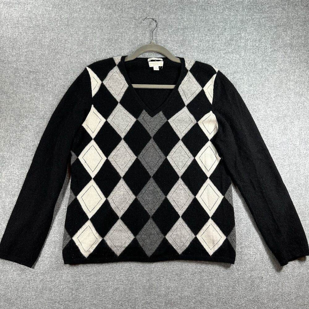 Charter Club 100% Cashmere Sweater Womens P/L Argyle Black Gray Preppy V Neck
